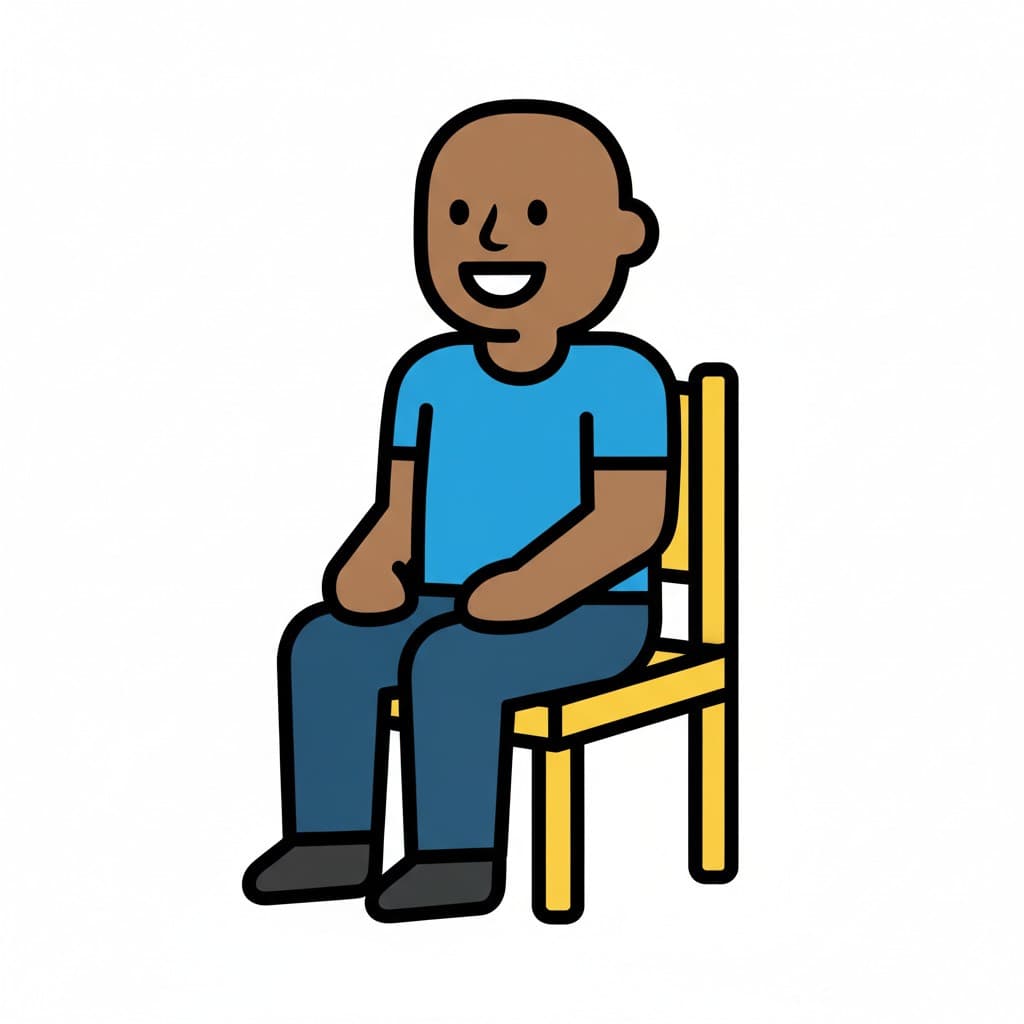 A person sits on a yellow chair, smiling.