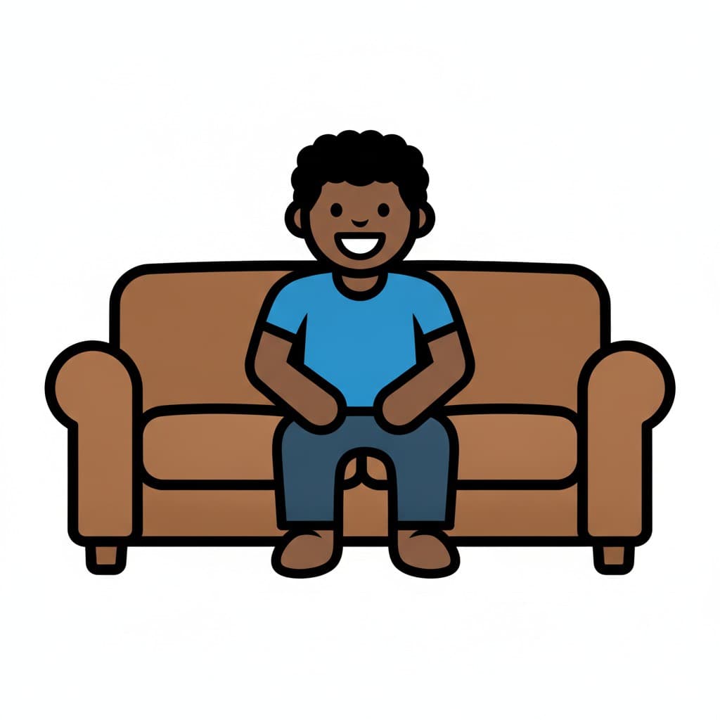 In the middle of a brown couch, a man sits and smiles.