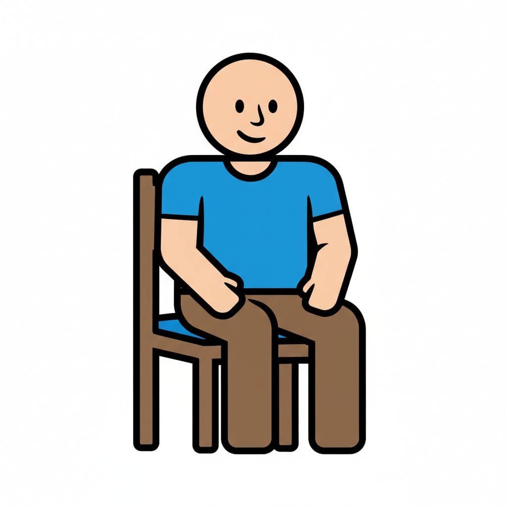 A person sits upright on a wooden chair, facing forward with a smile.