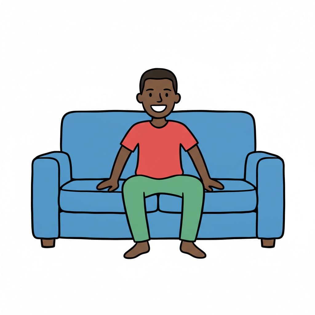 A man sits relaxed on a blue sofa with his hands resting on the seat.