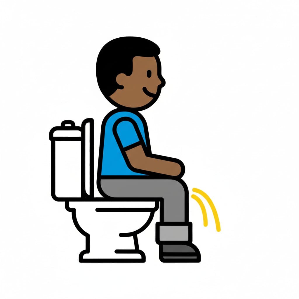 Seen from the side, a man in a blue t-shirt sits on the toilet.