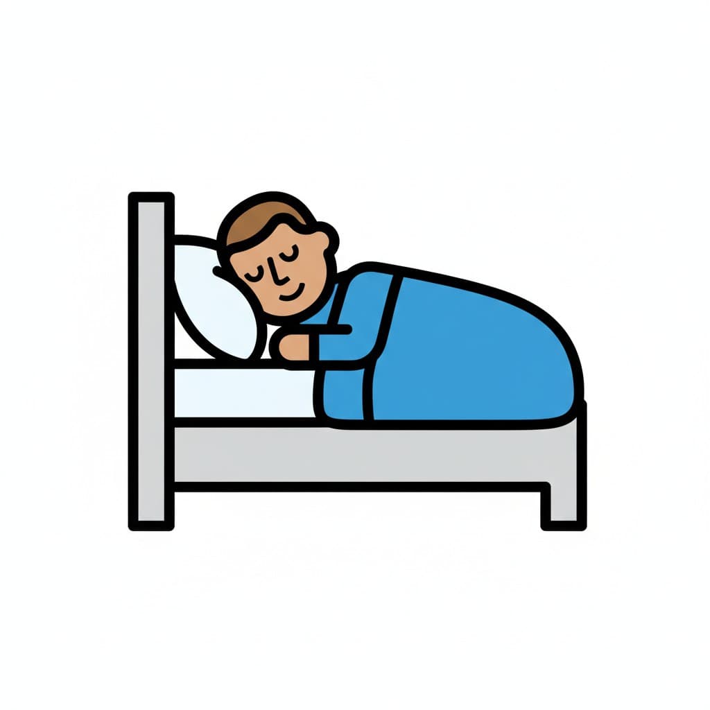 A person is sleeping peacefully in a bed, covered with a blue blanket.