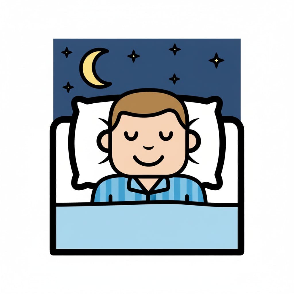 A man is sleeping peacefully in bed, wearing striped pajamas, with a moon and stars visible in the dark window above.