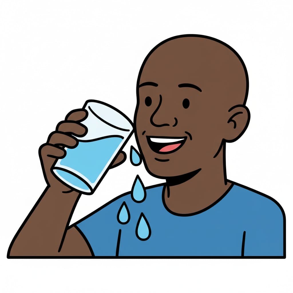 En man dricker från ett glas och spiller lite vatten.