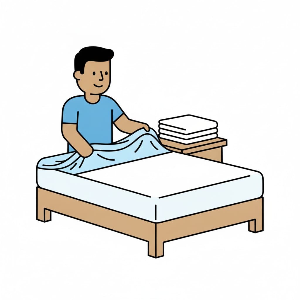 A man in a blue t-shirt spreads a light blue sheet across a mattress while folded linen waits on the bedside table.