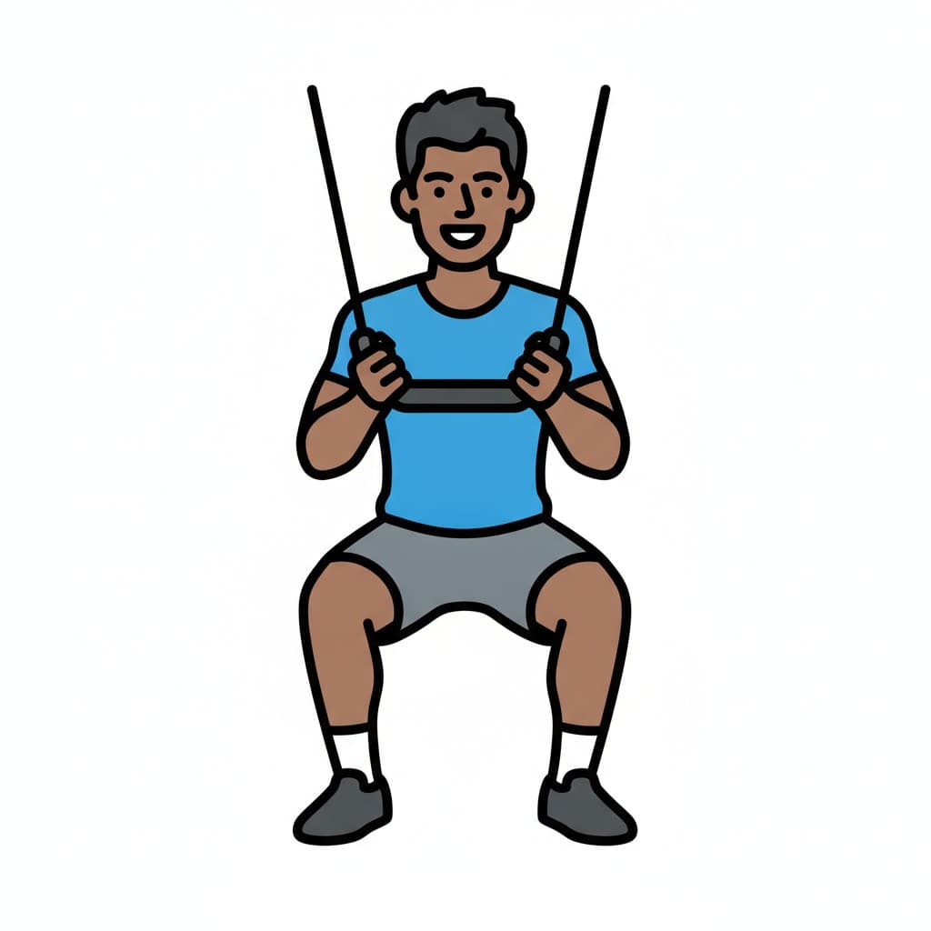 A man holds a squat while pulling two resistance bands down towards his chest.
