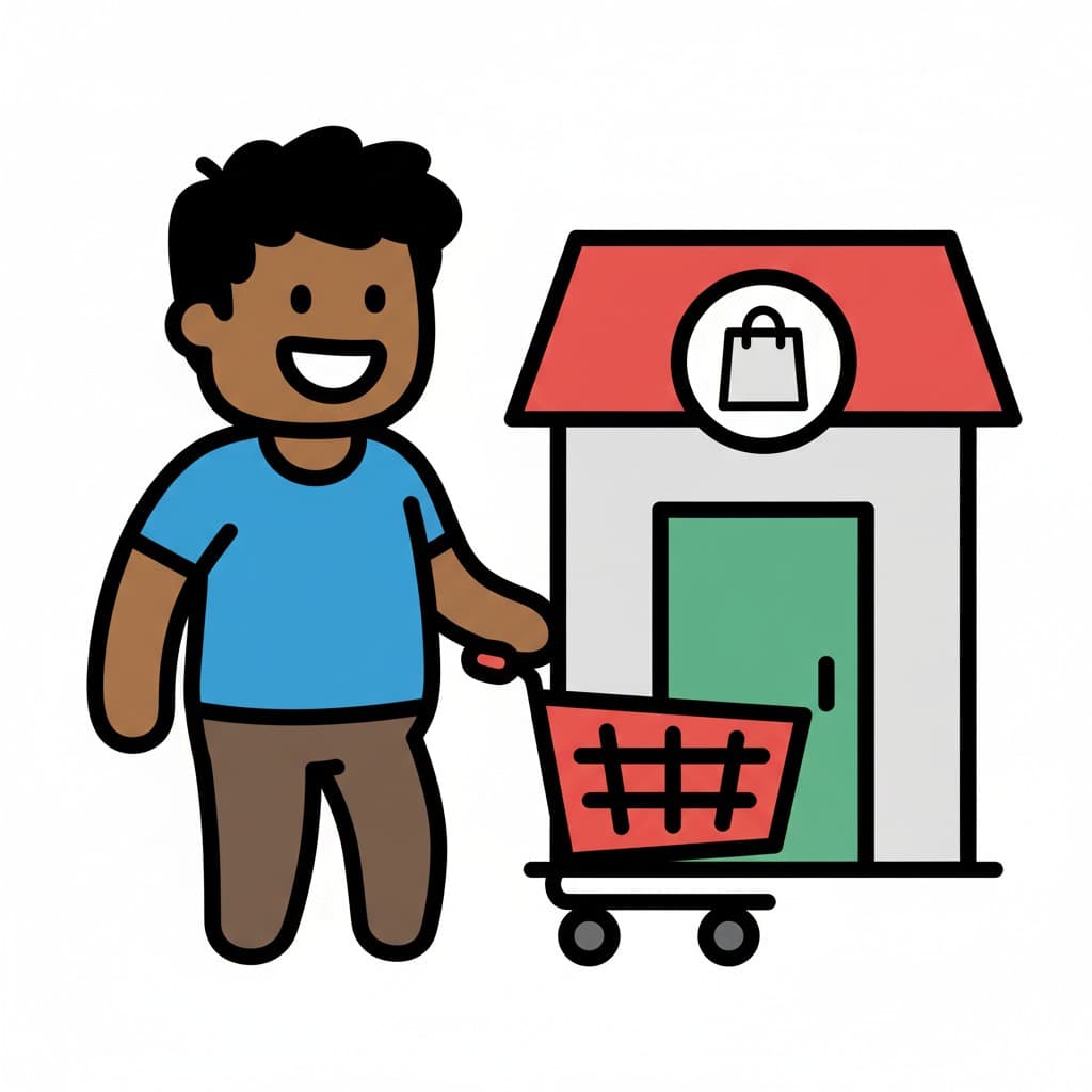 En person står smilende ved siden af en tom indkøbsvogn uden for en butiksbygning med et indkøbspose-ikon.