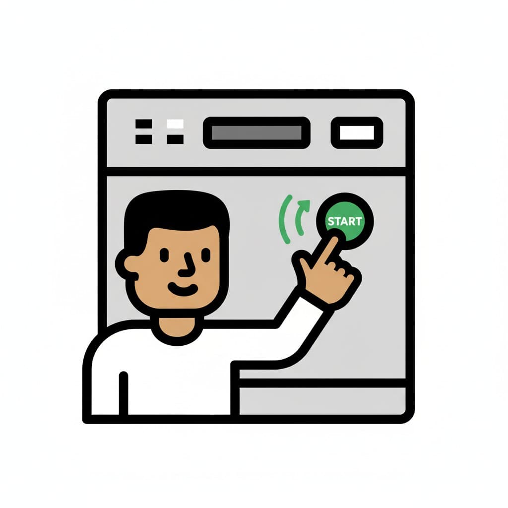 En illustration af en mand, der trykker på startknappen på en opvaskemaskine.