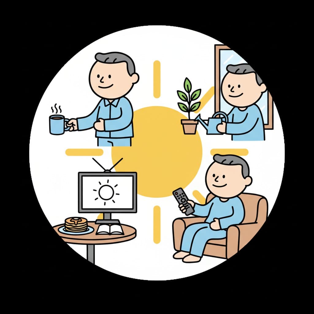 Illustration eines Mannes, der verschiedene Sonntagsroutinen ausführt, wie Kaffee trinken, Pflanzen gießen, fernsehen und Pfannkuchen essen.