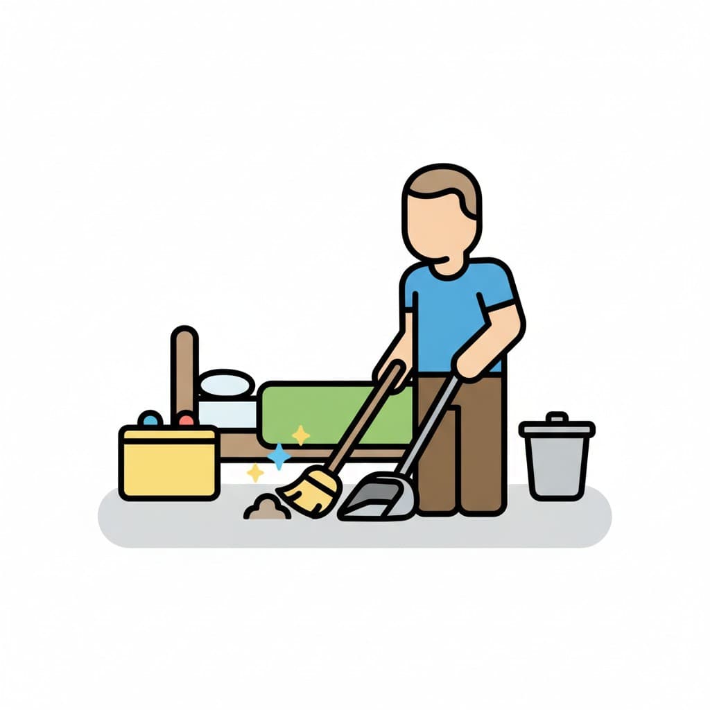 A person is sweeping the floor with a broom and dustpan in a room with a bed and a trash can.