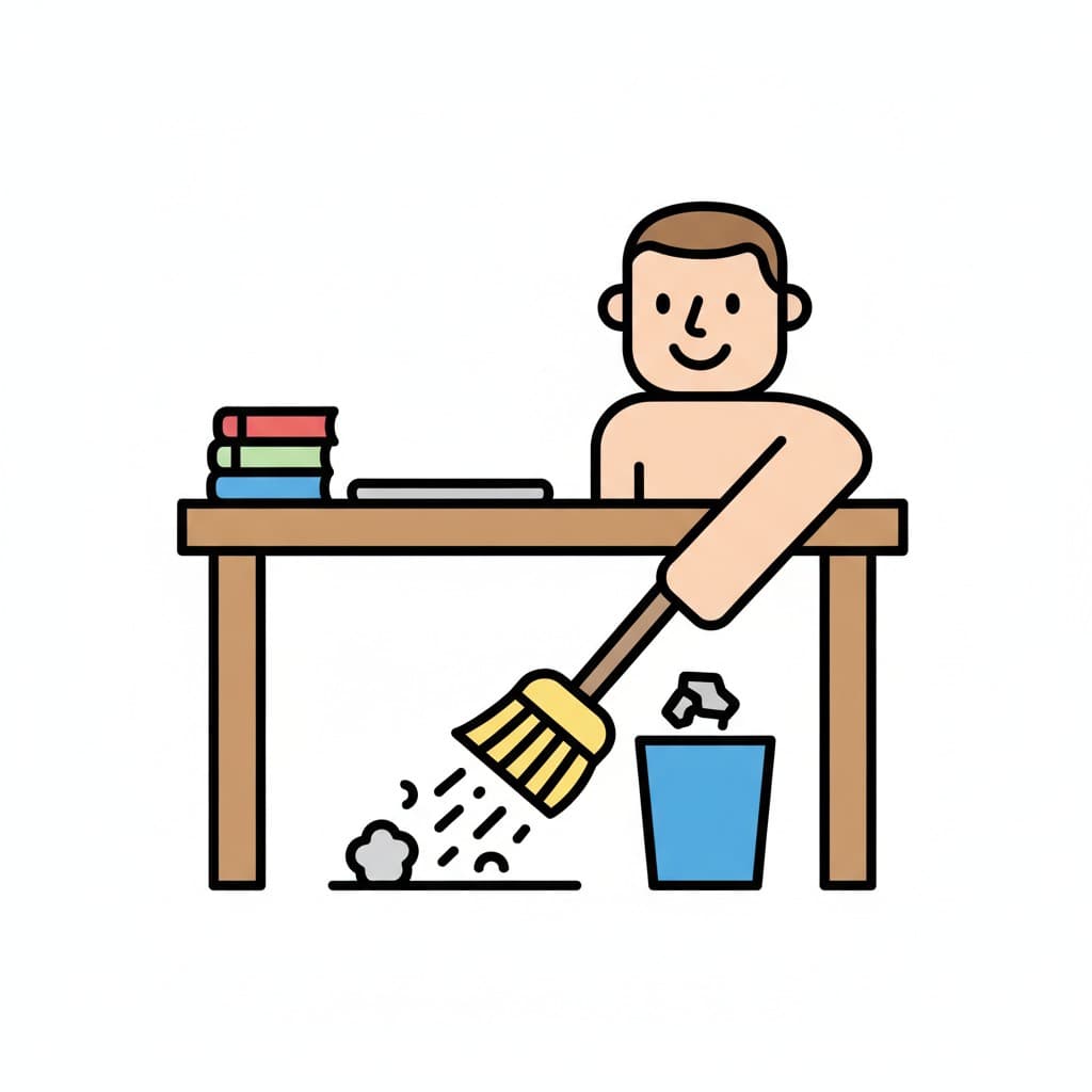 A man sweeps dust and scraps from under a wooden desk that holds books and a laptop, next to a blue waste bin.