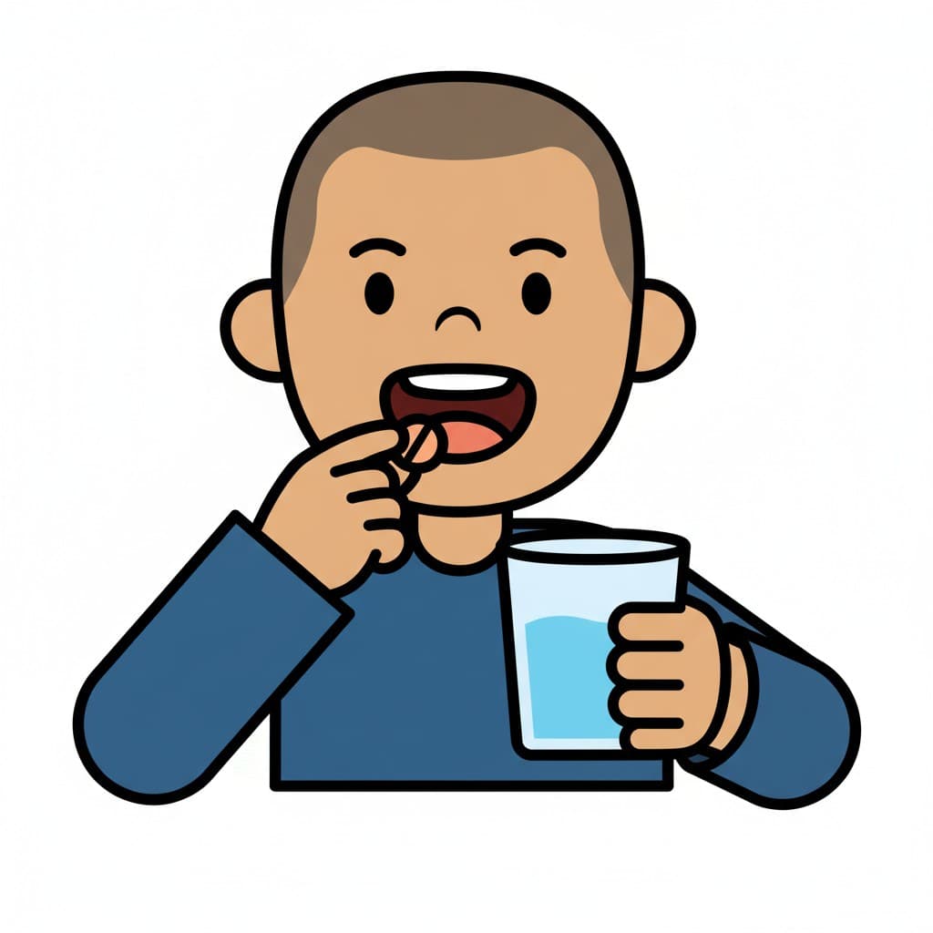 En person håller en medicintablett vid munnen med ena handen och ett glas vatten med den andra.