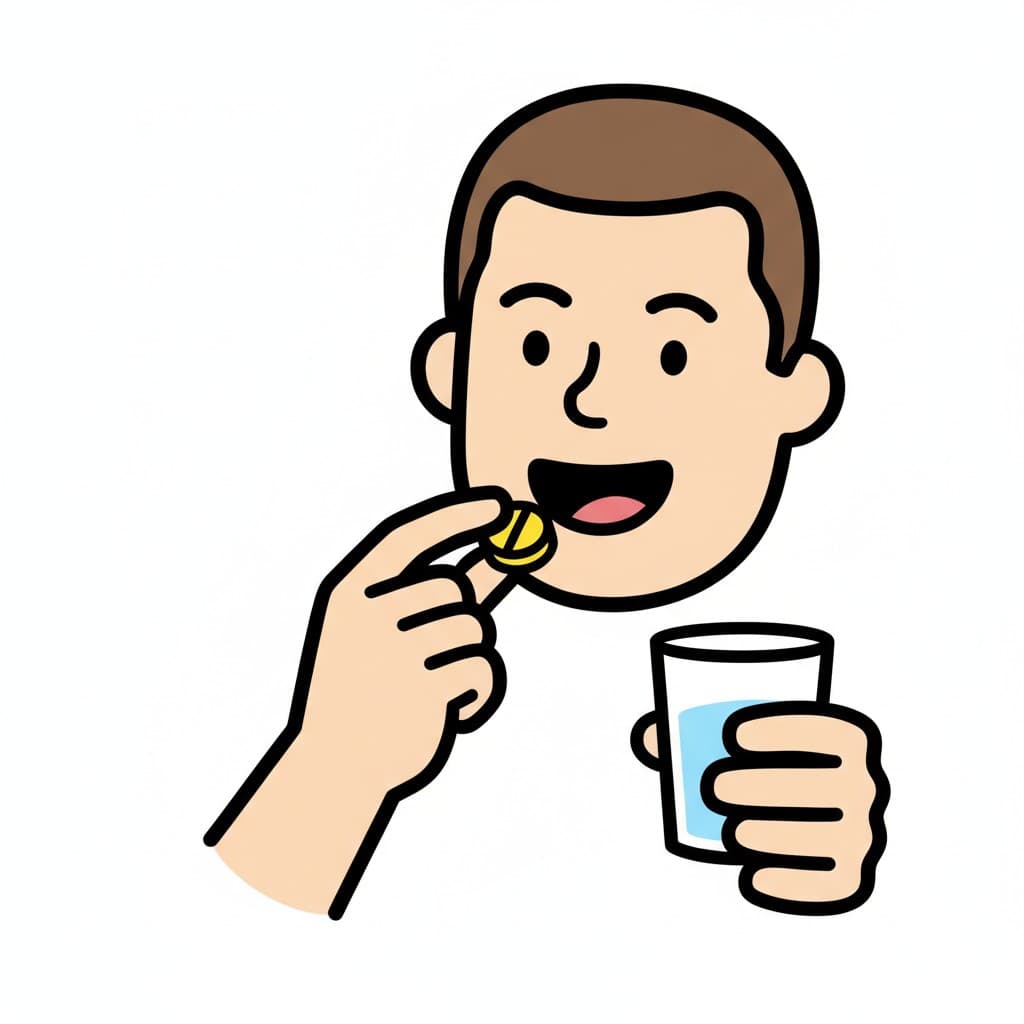 En person tar en gul vitamin med ett glas vatten.