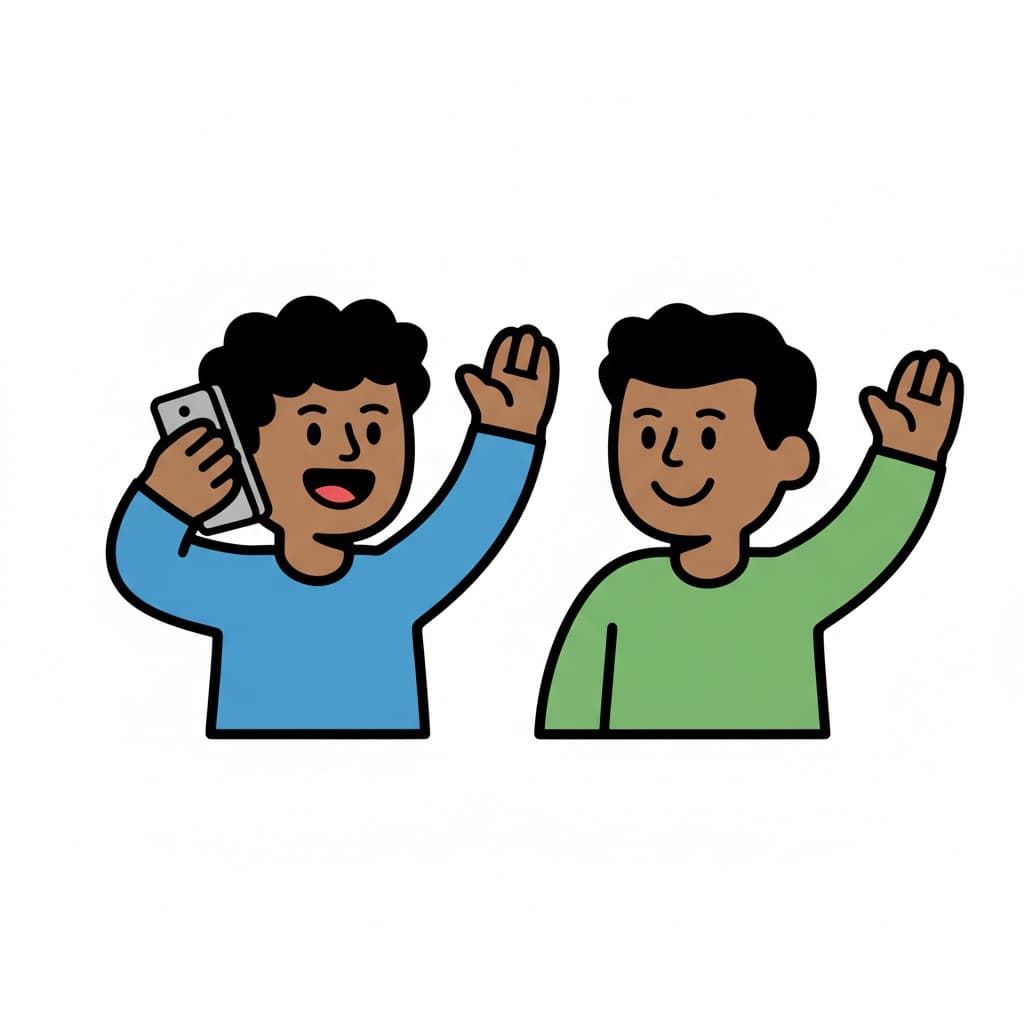 A man in a light blue shirt talks on a phone while another man in a green shirt waves beside him.