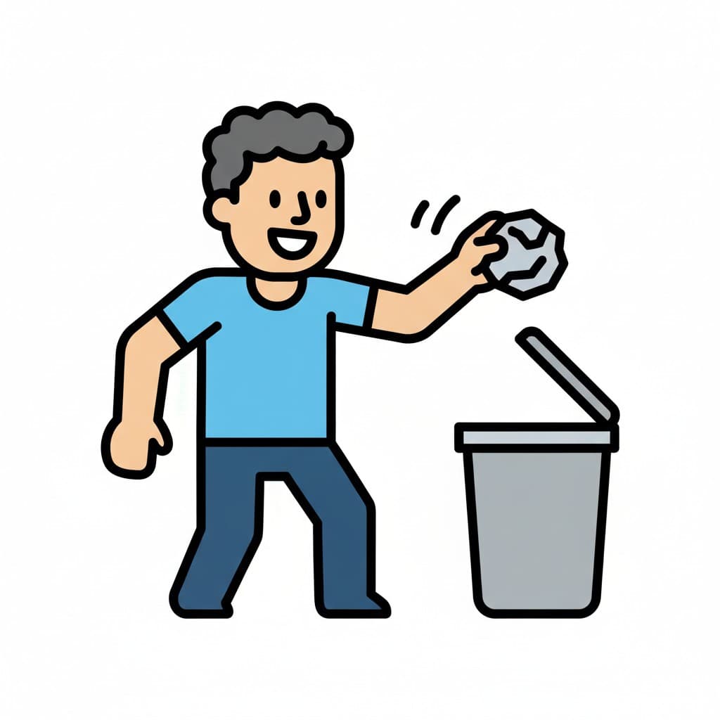 En illustration af en person, der smider krøllet papir i en skraldespand.