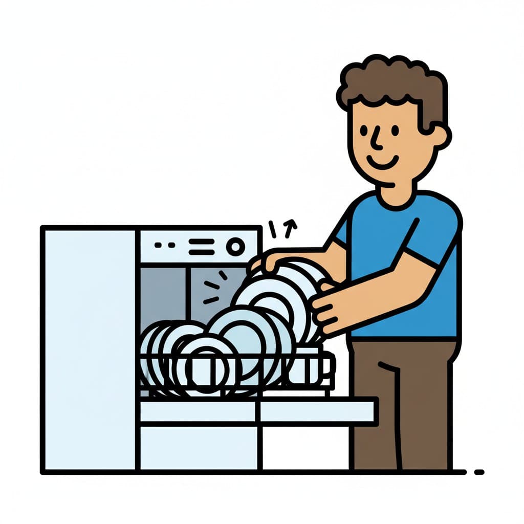 A man takes plates out of a dishwasher.