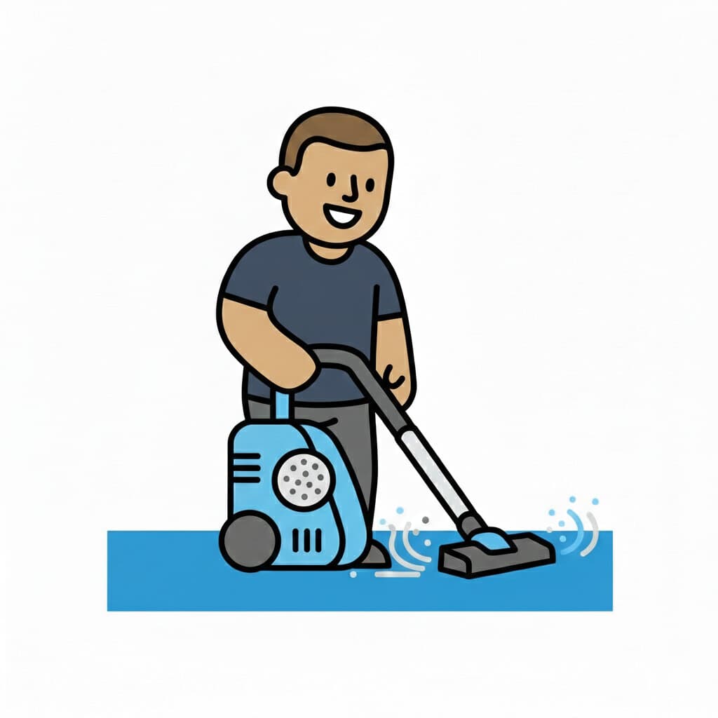 A man vacuums a room with a blue vacuum cleaner.
