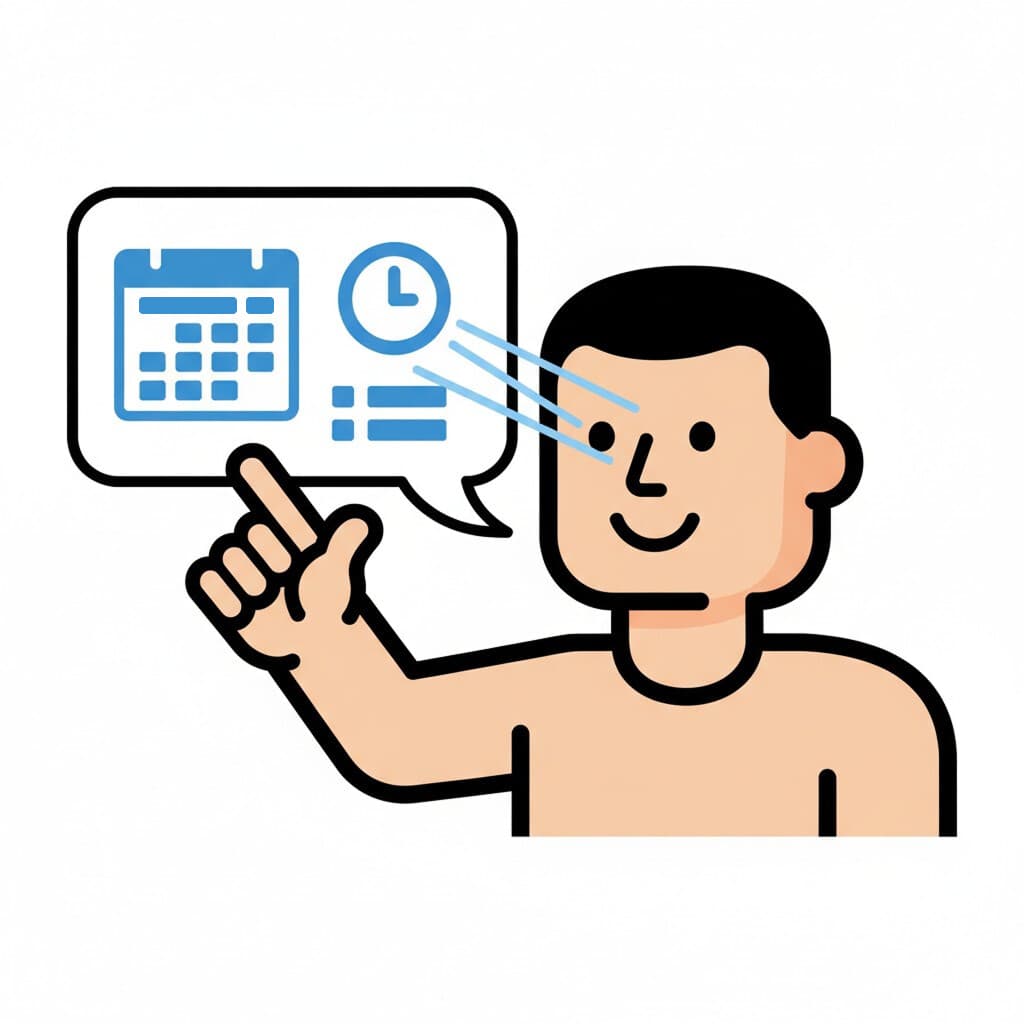 En tecknad man pekar på en tankebubbla som innehåller en kalender märkt 'TOMORROW', en klocka och en lista. Ljusstrålar går från hans ögon till tankebubblan, vilket symboliserar att han visualiserar eller planerar morgondagens aktiviteter.