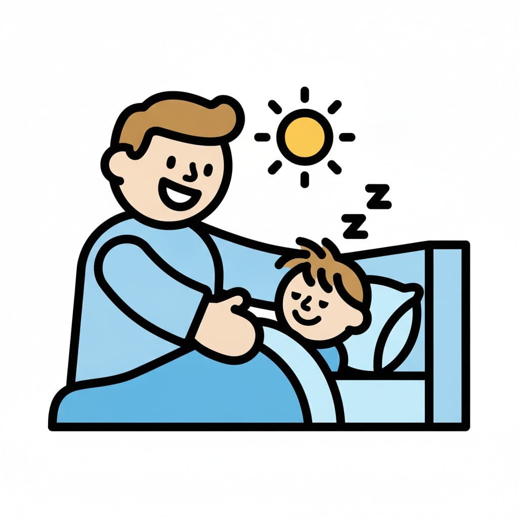 En mann bøyer seg over sengen og vekker et barn mens solen skinner.