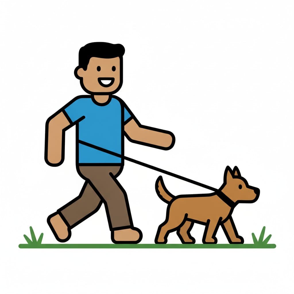 A man walks a dog on a leash across the grass.