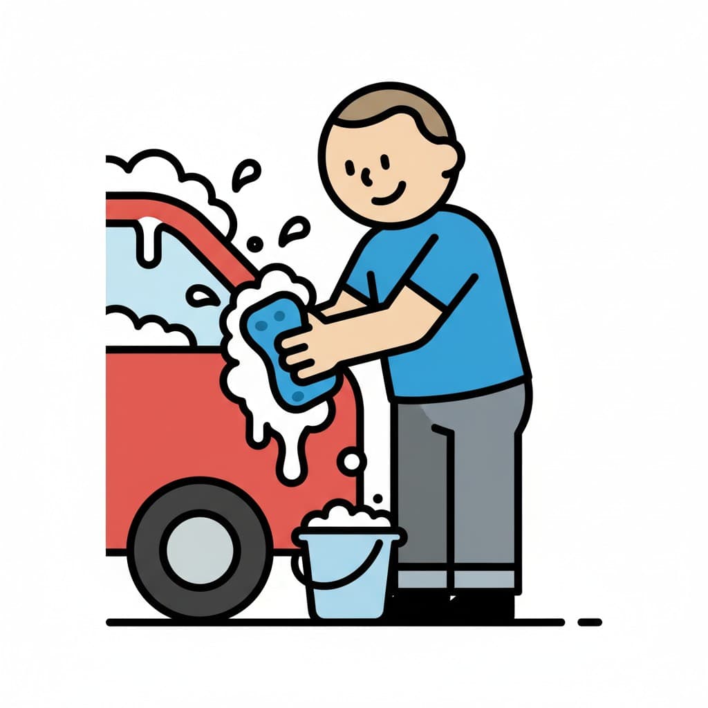 En man i en blå tröja och grå byxor tvättar en röd bil med en blå svamp. Bredvid honom står en hink med skum.