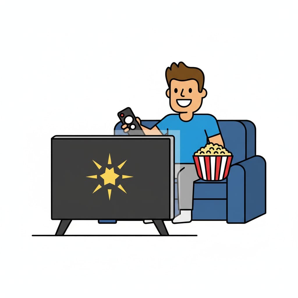 En man sitter i en soffa, tittar på TV, håller en fjärrkontroll och har en skål med popcorn i knät.