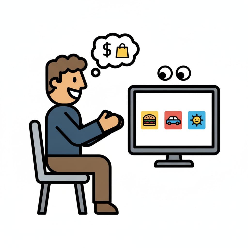 A man sits in front of a screen full of adverts while thinking about money and shopping.