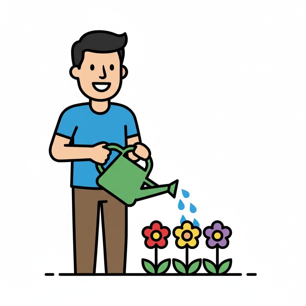 En mand vander tre farverige blomster med en grøn vandkande.