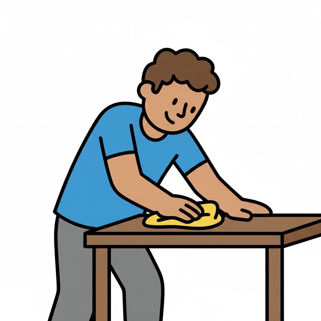 A man wiping a table with a cloth.