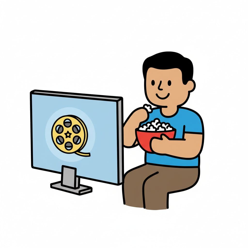 Seated beside a large screen showing a film reel, a man holds a red bowl of popcorn and lifts a piece towards his mouth.