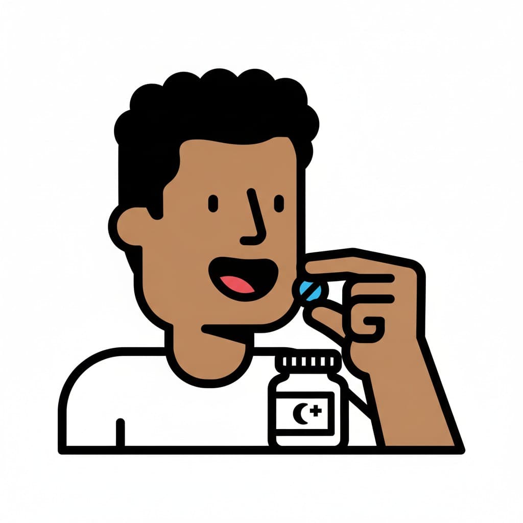 Ein Mann im weißen T-Shirt hält eine blaue Kapsel an den geöffneten Mund, auf dem Tisch steht ein Fläschchen mit Mondsymbol.