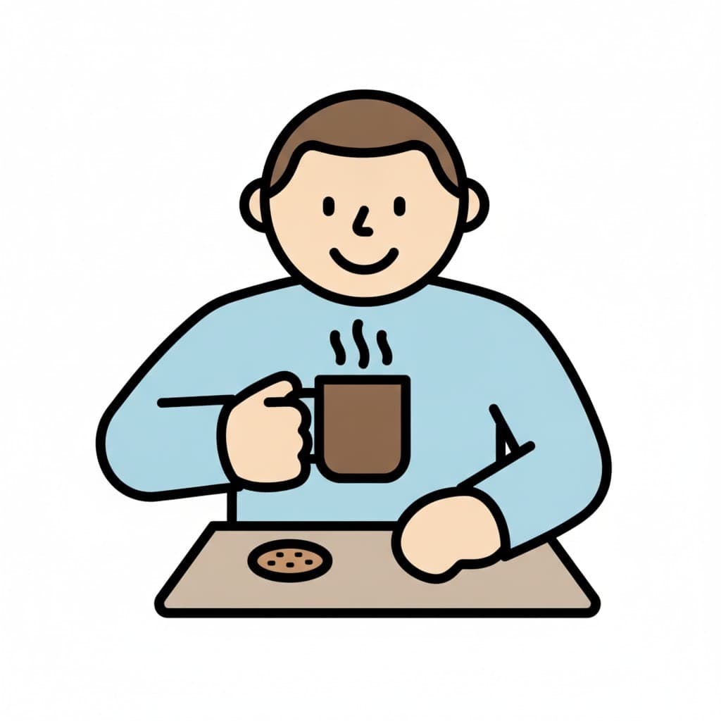 Ein Mann sitzt am Tisch, hält eine dampfende Tasse und hat einen Keks vor sich liegen.