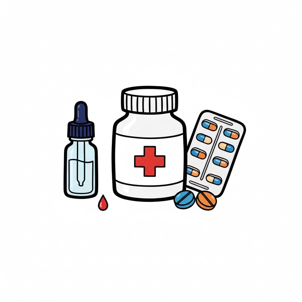 En vit medicinburk med rött kors står mellan en droppflaska med pipett och en tablettkarta, med två tabletter framför.