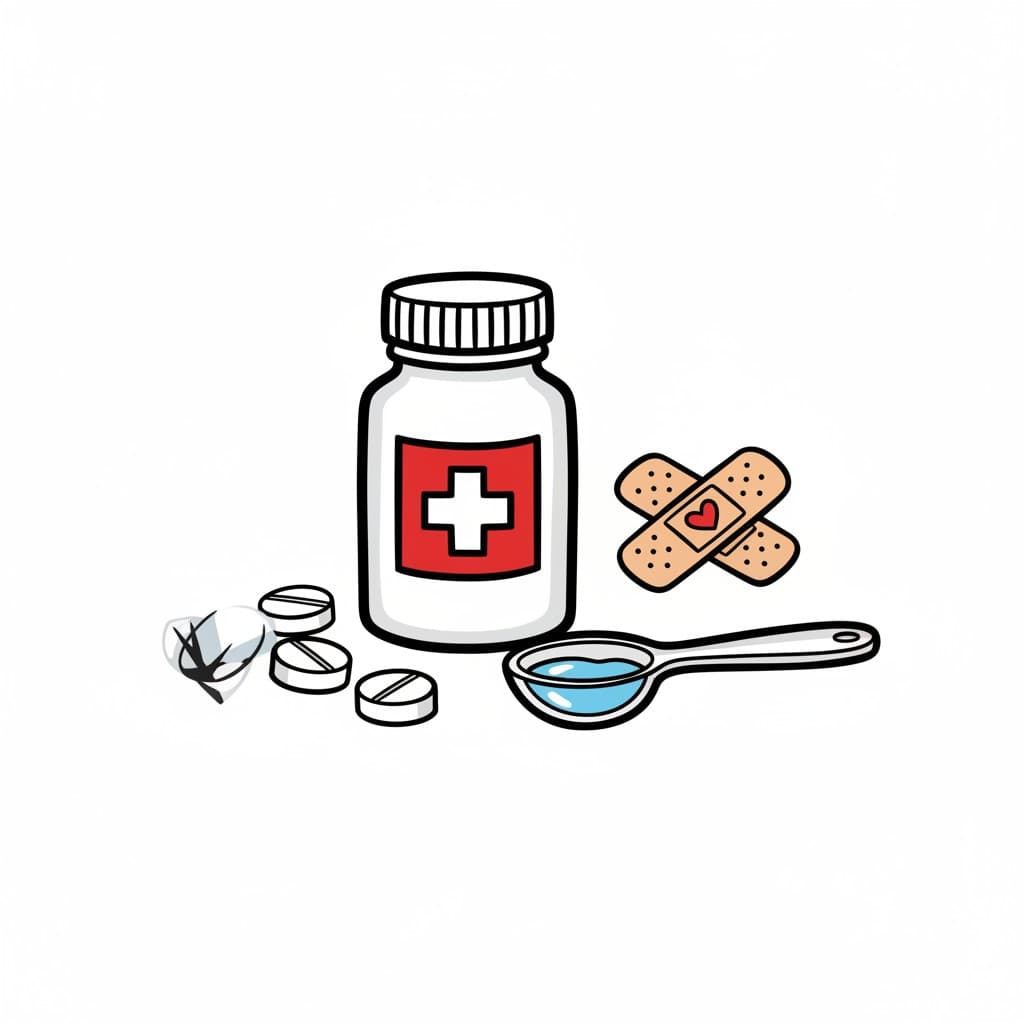 Eine Medikamentenflasche mit einem roten Kreuz, Pillen, einem Löffel mit flüssiger Medizin und zwei gekreuzten Pflastern.