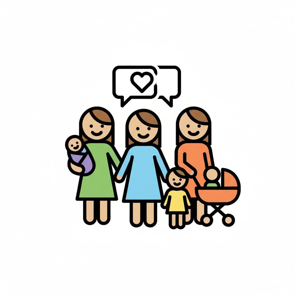 Tre mammor med sina barn, med pratbubblor som visar ett hjärta, representerar en mammagrupp.