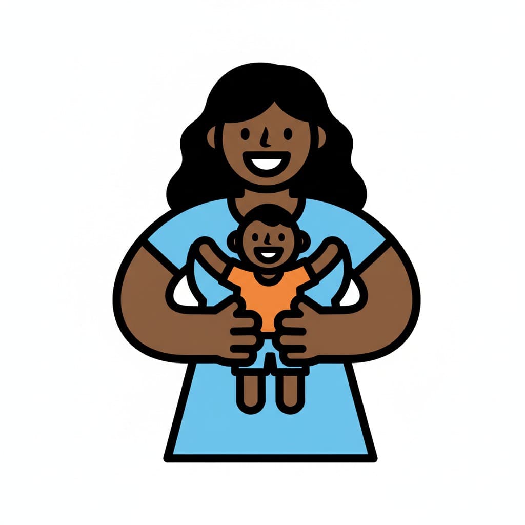 En mor holder et barn, der har armene udstrakt.