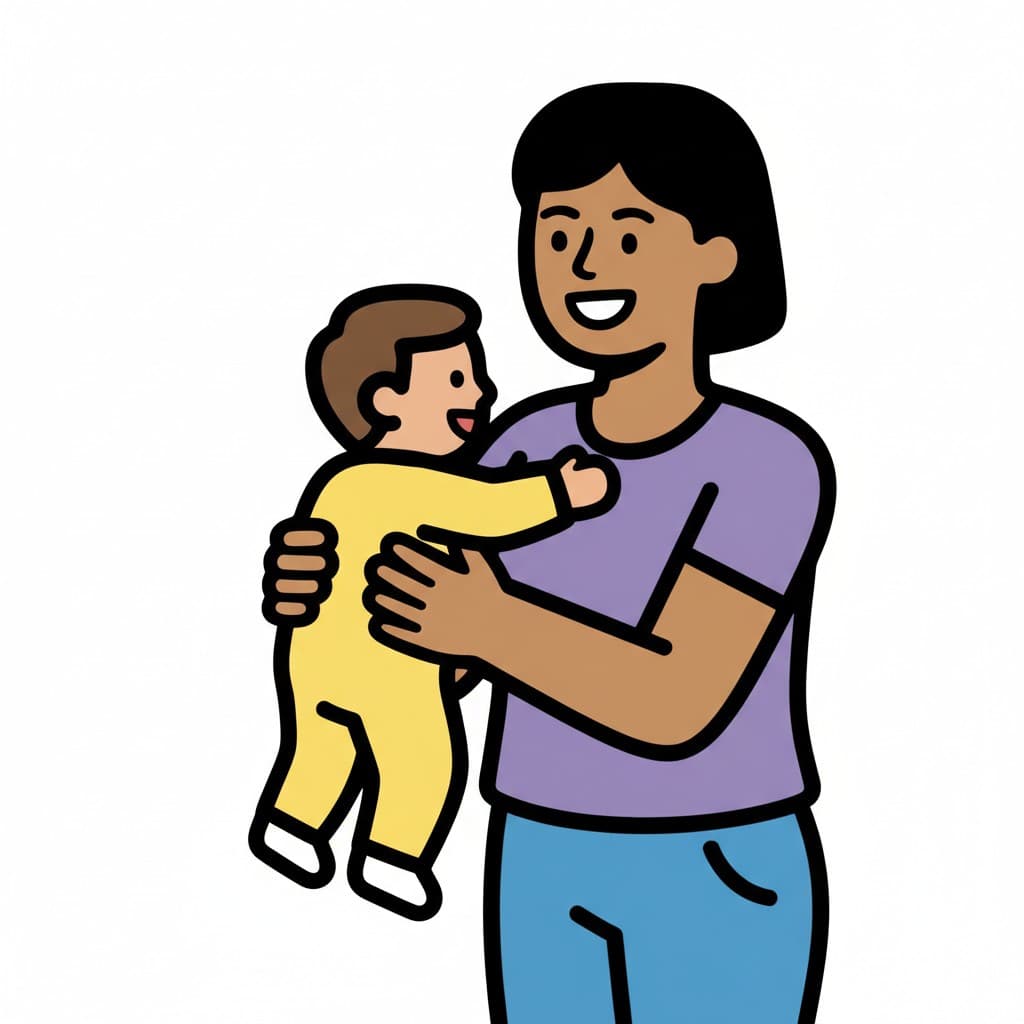 Från sidan syns en mamma som håller upp en liten pojke i gul pyjamas framför sig medan de tittar på varandra.