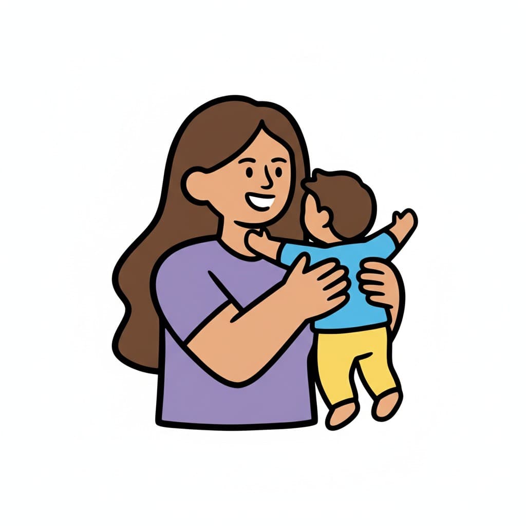 En mor holder og krammer et barn fra siden.