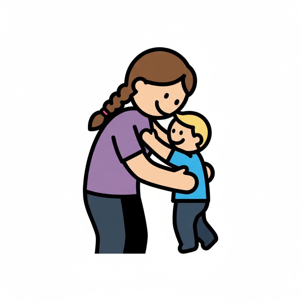 A mother hugs a child.
