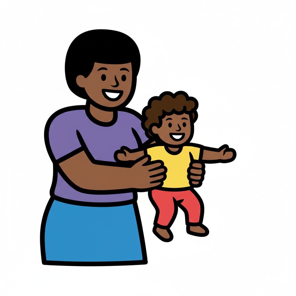 En leende mamma lyfter upp en liten pojke i gul tröja och röda byxor medan han sträcker ut armarna.
