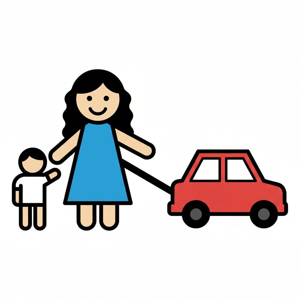 Eine Mutter und ein Kind stehen neben einem roten Auto.