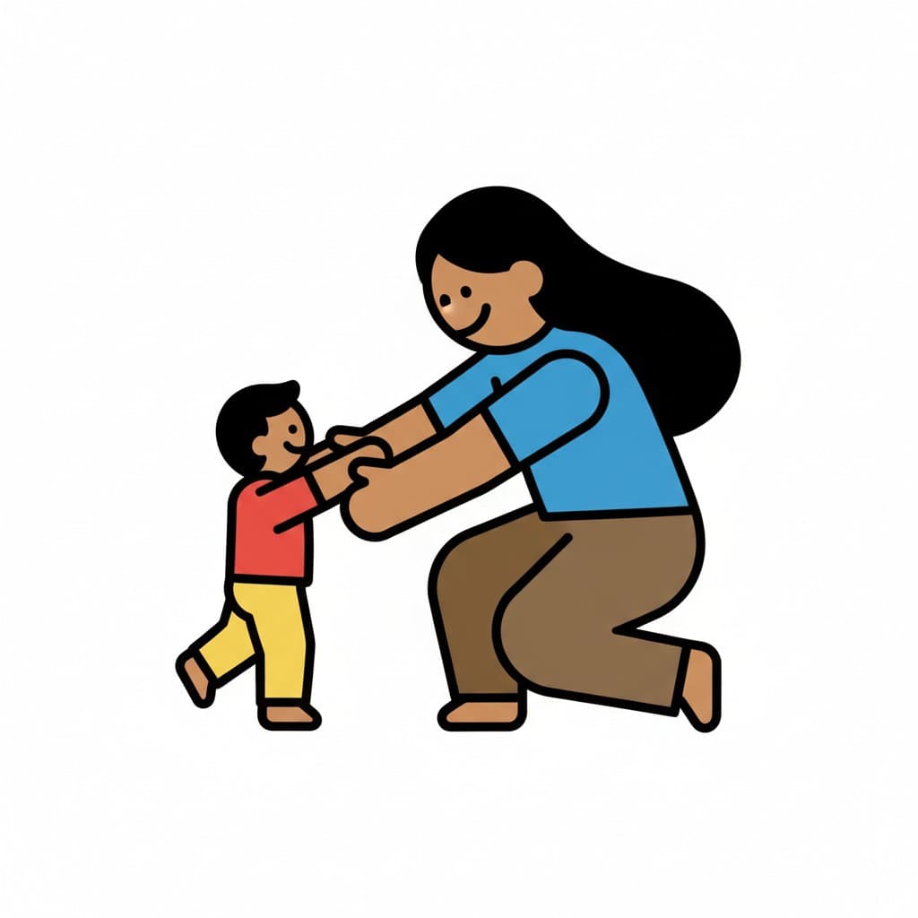 En mamma kneler ned og holder det lille barnets hender mens barnet står foran henne.