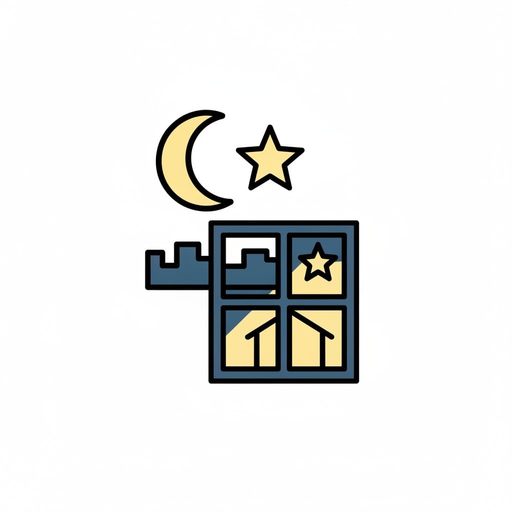 An icon of a yellow crescent moon and a star above a window whose panes glow yellow against a dark blue night.