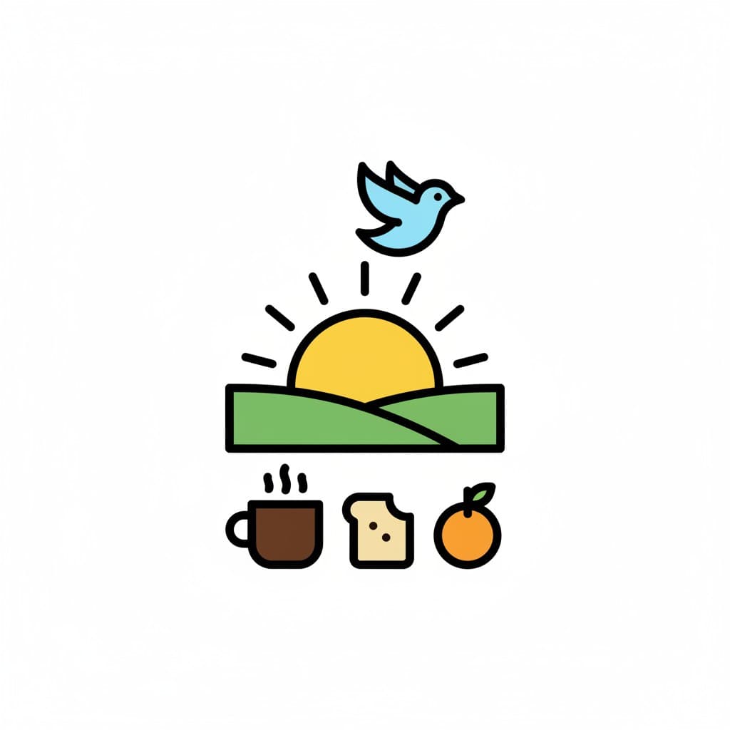 Kuvitus, joka esittää auringonnousua, lintua, kahvikuppia, leipäpalaa ja appelsiinia.