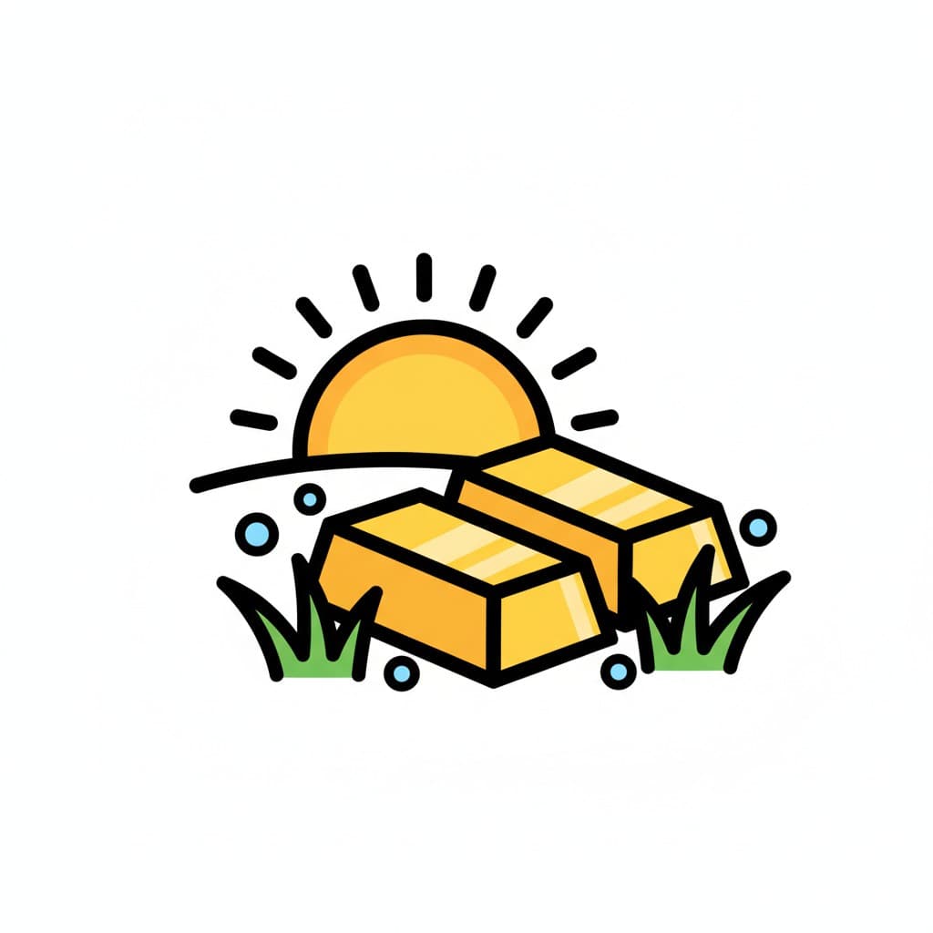 En illustration af to guldbarrer i grønt græs med en stigende sol i baggrunden, der symboliserer 'Morgenguld'.
