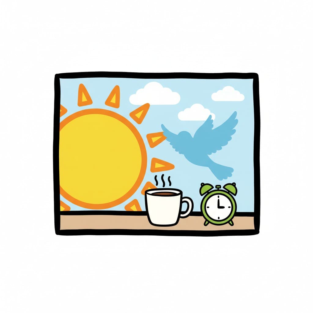 Kuva aamusta ikkunan läpi nähtynä. Aurinko paistaa, sininen lintu lentää, höyryävä kuppi on ikkunalaudalla vihreän herätyskellon vieressä, joka näyttää aikaa.