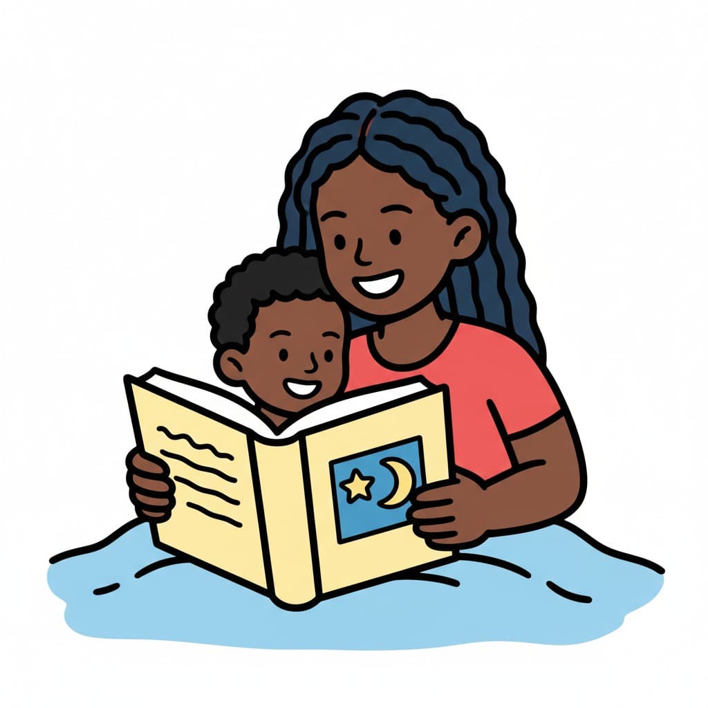 An adult and a child sit in a bed, reading a book together. The book has a moon and stars on the cover.