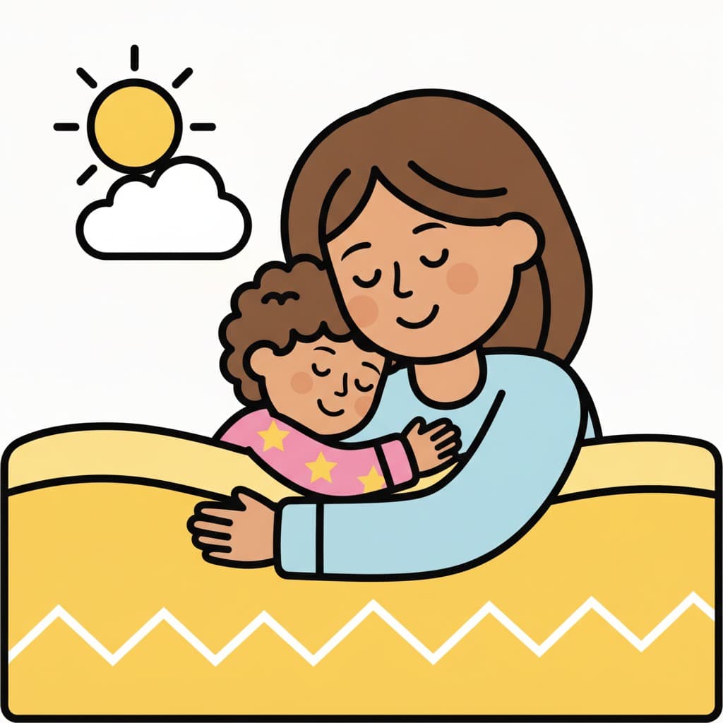 Draußen scheint die Sonne, während eine Frau ein Kind umarmt, das sich im Bett an sie lehnt.