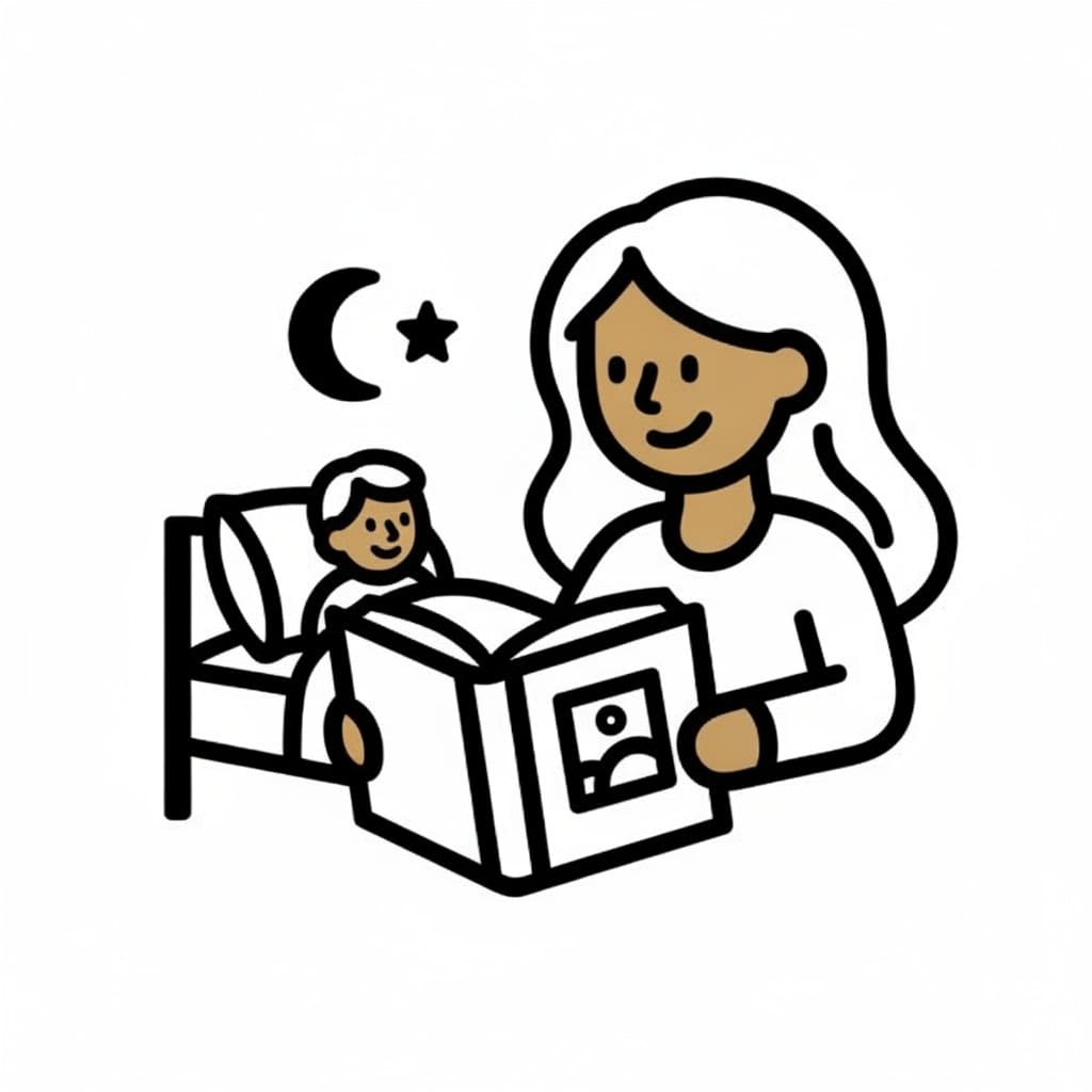 Eine Frau mit langen Haaren hält ein Bilderbuch vor ein Kind, das in einem kleinen Bett liegt, daneben sind ein Mond und ein Stern gezeichnet.