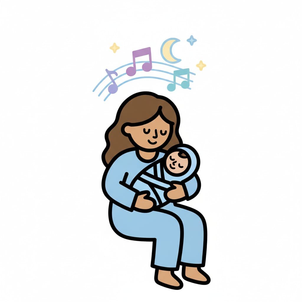 A mother in pyjamas holds a swaddled baby and sings, with music notes, stars and a moon above.